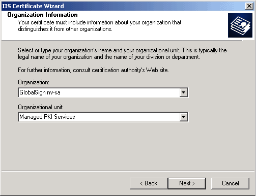 IIS Certificate Wizard - organization's name