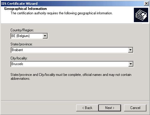 IIS Certificate Wizard - Geographical Information