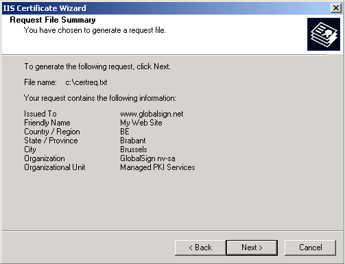IIS Certificate Wizard - Summary